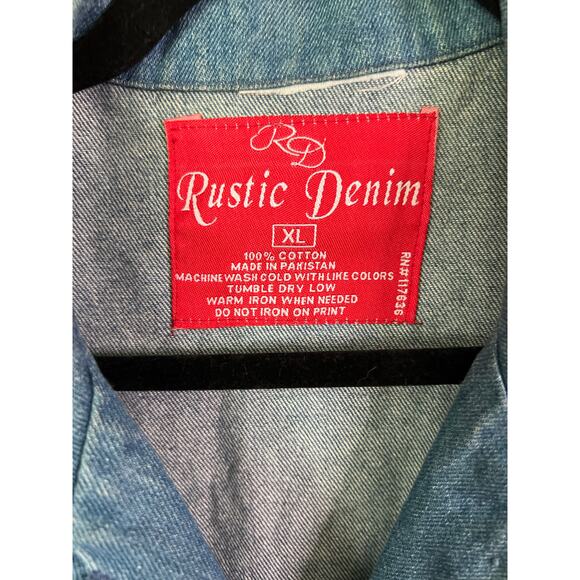 Vintage 90s Rustic Denim Chore Jacket XL Blue Cotton Embroidered Button Up Retro - Picture 7 of 9